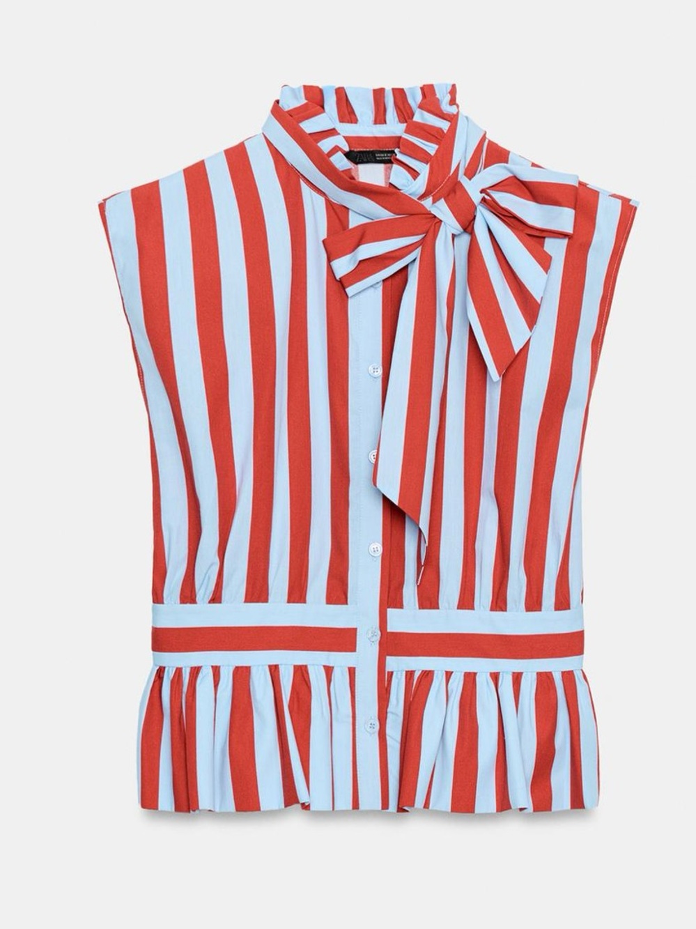 ZARA NEW WOMAN KNOTTED STRIPED BLOUSE RUFFLE REH RED BLUE - Picture 5 of 9